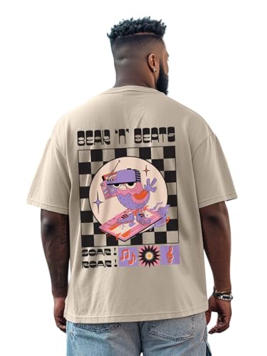 Veirdo® 100% Pure Cotton Oversized Baggy Fit Drop Shoulder Cool Back Typographic Printed T-Shirt for Men (Sizes: 2XL to 5XL), Swan White_SOU, 5XL Plus