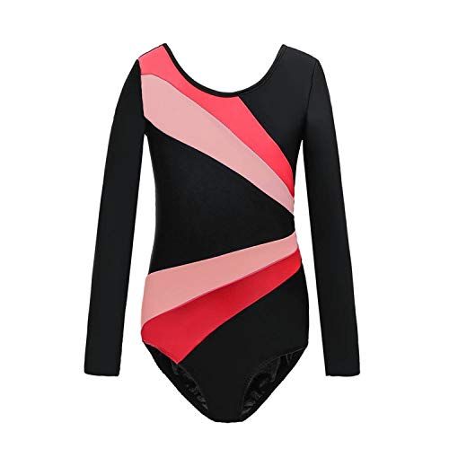 Viriber Girls\' Activewear Dresses Gymnastics Leotards for Girls Dance Ballet Suit Unitard Gymnastic Athletic Outfits(110(5-6T),Pink&Watermelon red Long)