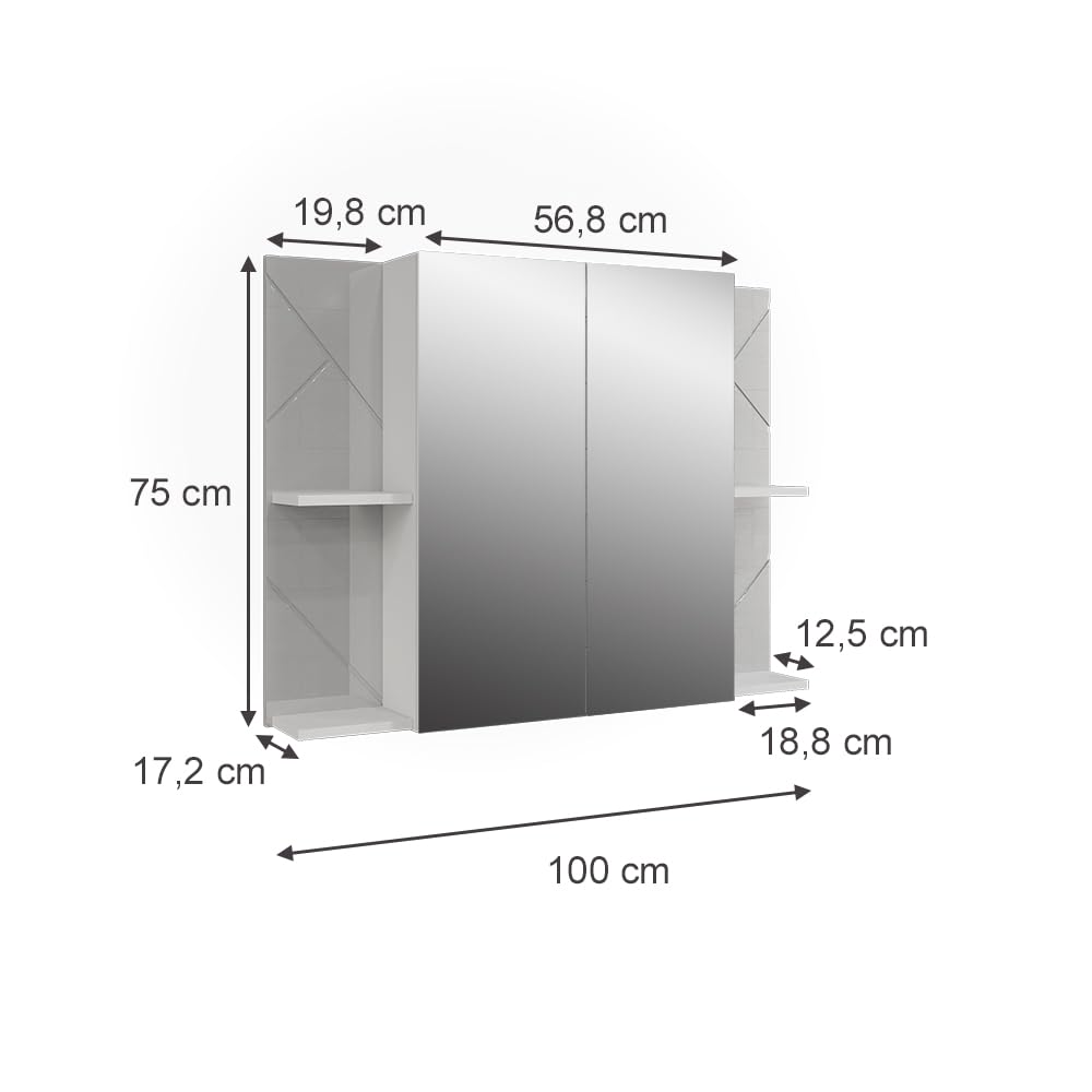 Vicco Mobile a specchio per il bagno Irma, Bianco/bianco lucido, 100 x 75 cm con 2 porte, con specchio e ripiani regolabili