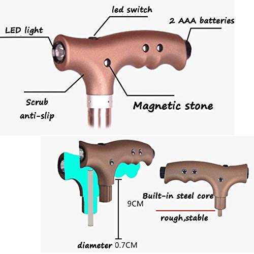 Bastones Plegables con luz LED, muletas de Piedra de Terapia magnética Ajustables mejoradas para Artritis lesionada de Edad Avanzada, bastón con Base giratoria de 3 Patas (Color: marrón)