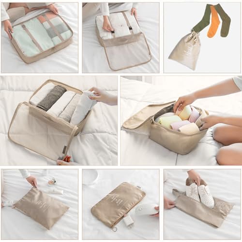 8 Pieces Mesh Packing Cubes for Travel, Luggage Packing Organizers Bags Set, Travel Essentials Suitcases Accessories with Laundry Bag, Storage Shoe Bag, Clothing Underwear Bag (Cream, 8 set)4