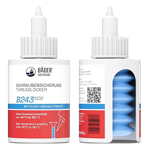 BÄDER threadlocker B243Eco Medium Strength Blue 50ml Bottle - high Temperature Resistant, Fluorescent - Works on All Metals and Threads, for Large Threads…