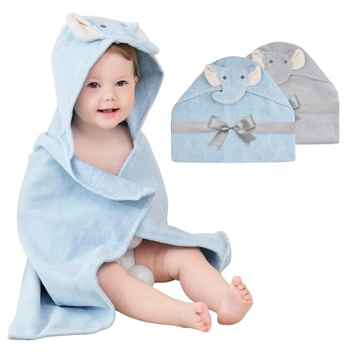 Image of 100% Cotton 2 Pack Baby Hooded Towel - Soft Baby Bath Towels - Baby Towels with Hood for Baby Girl and Boy Towels for Newborn with Unique Animal Design (Elephants)