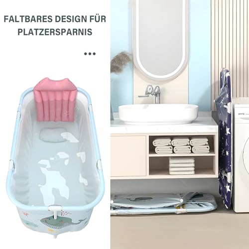 Warmiehomy Faltbare Badewanne, 120X50X55cm Tragbare Klappbadewanne mit Kissen und Rückenlehne, Heißes Bad Eisbad SPA Badewanne für Dusche, Mobile Badewannes für Erwachsene Kinder, Ozean-Stil