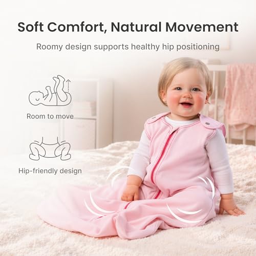 Image of baby deedee Sleep Nest Basic - Cotton Baby Sleep Sack 0.6 TOG 6-18M Pink | Patented shoulder snaps and full-length zipper support easy dressing and quick diaper changes for warmer routines