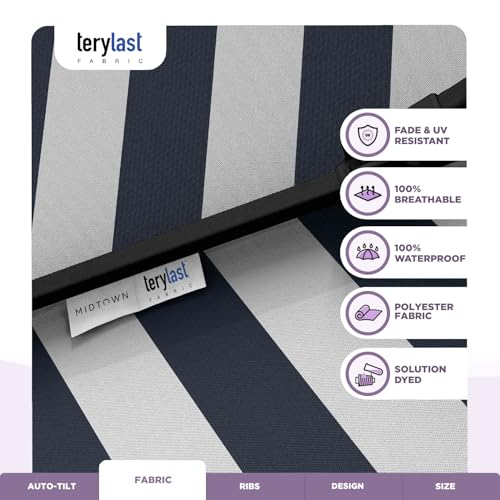 Image of Midtown Umbrellas - 10-Year-No-Fade 10 Ft Patio Umbrella with Terylast Fabric, Auto-Tilt Aluminum Frame and 8 Reinforced Ribs for Deck, Pool, Garden & Beach - Navy Stripes Canopy, Black Pole