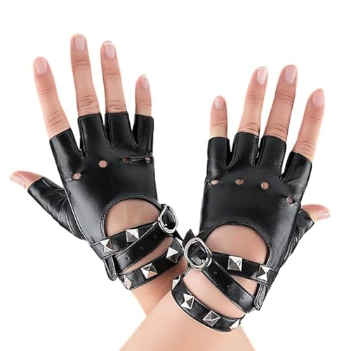 OUDQFCJ 1 Par Guantes Sin Dedos de Cuero,Punk Negros con Tachuelas,Estilo Gótico Rock,Elegantes para Halloween,Mujeres y Niñas,Cosplay,Goth,Tácticos para Conducir Coche y Rendimiento (Negro)