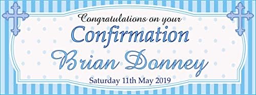 2 Personalised Congratulations ON Your Confirmation Banners - Any Name & Date - Available for Girl OR BOY (Approx 3ft x 1ft) (Blue - Boy)