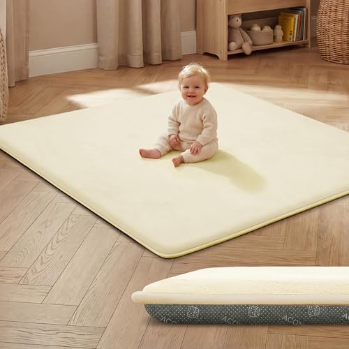 ACOMOPACK Baby Spielmatte aus 3cm dickem Memory-Schaumstoff 127 x 127 cm Kinder Laufstallmatte für Bauchlage rutschfeste samtweiche Krabbelmatte (Beige 127 x 127 cm)