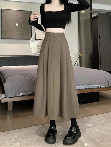 Women's Vintage Pleated Midi Skirt High Waist Solid A-Line Casual Skirt3