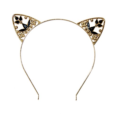 Women or Girls Black & Gold Crystal Cat Ears Headband for All Ages