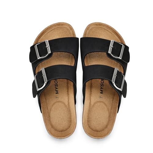 Image of mysoft Womens Flat Sandals Cork Footbed Slides with 2 Straps | Adjustable Buckle Slip On Comfortable Casual Light Weight Summer sandals
