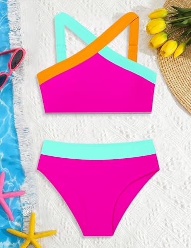 Image of Girls Swimsuits 2 Piece Bikinis Set Colorblock Bathing Suits Criss Cross Strap Girls' Swimwear