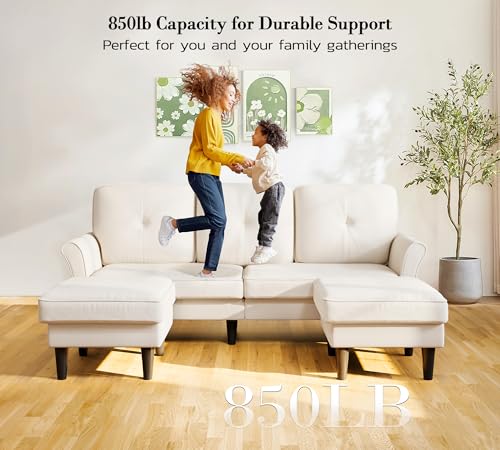 Image of Small Sectional Couch, 83 inch U Shaped Couch, Comfy Velvet Couches for Living Room, Tool-Free Setup Modular Sectional Sofa, 850lbs Load Sofas for Living Room with 2 Movable Ottomans, White Couch