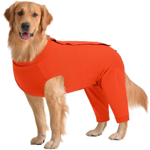 Image of Kuoser Dog Recovery Suit with Anti Licking Rear Leg Sleeve, Orange 2XL | Abdominal Dog Surgical Suit with Pants Cover Protect Wounds, Dogs Elbow Protector Soft Pet Surgery Onesie Cone Alternative