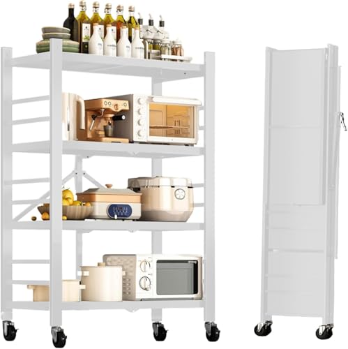 TechPeak 折りたたみラック 3段 幅71×奥行34×高さ85cm キャスター付き スチール製 大容量 収納 メタルラック 完成品 防サビ (ホワイト, 4段 幅71×奥行34×高さ125cm)