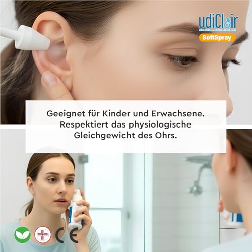Ohrenschmalz Entferner Spray 50 ml - UdiClair SoftSpray - Isotonische Lösung 0% Alkohol Made in Italy - Ohrenreinigung für Erwachsene Kinder und Seniore