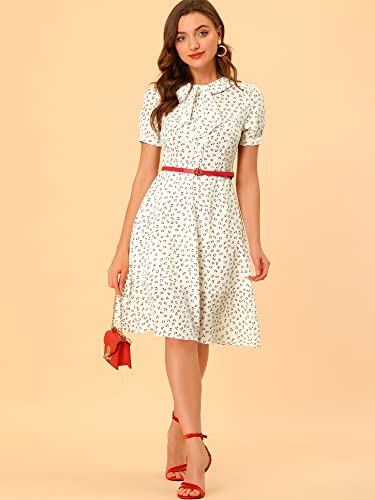 Image of Allegra K Women's Peter Pan Collar Tie Neck Short Sleeves A-Line Elegant Belted Vintage Floral Dress
