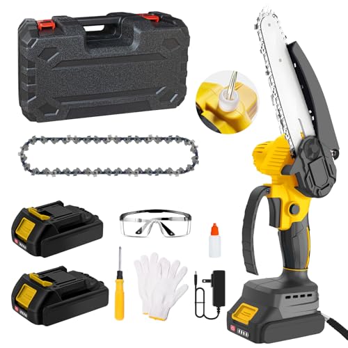 Mini Chainsaw Cordless 6 Inch, Brushless Motor Electric Chainsaw with 2 Batteries & 2 Chains, Lightweight Chain Saw with Safety Lock and Strong Motor for Wood Cutting, Garden Branch Trimming & DIY
