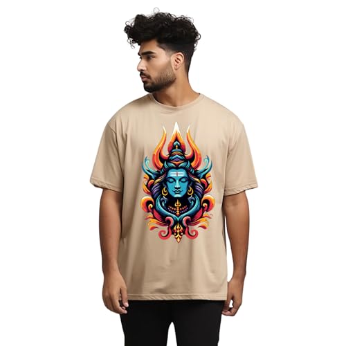 Image of prabhu bhakti Men's Oversized Shiva Om Printed Beige T-Shirt | Back Print Drop Shoulder Pure Cotton Oversized Tshirt for Men