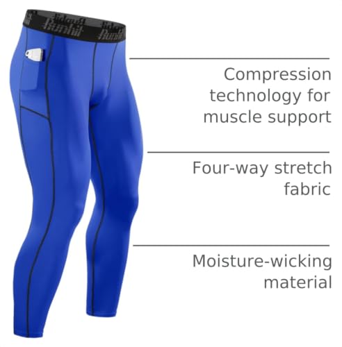 Image of Runhit Mens Compression Pants Running Tights Pockets Sports Leggings Spandex Workout Cycling Athletic Thermal