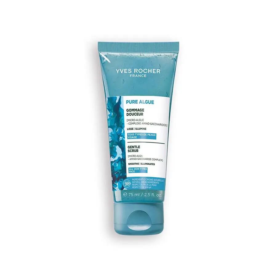 Yves Rocher Pure Algue Smoothing Moisturizing Gentle Face Scrub Exfoliating Facial Cleanser Organic Microalgae Bamboo Microgranules Radiant Smooth Healthy Skin 75 ml/2.5 fl.oz