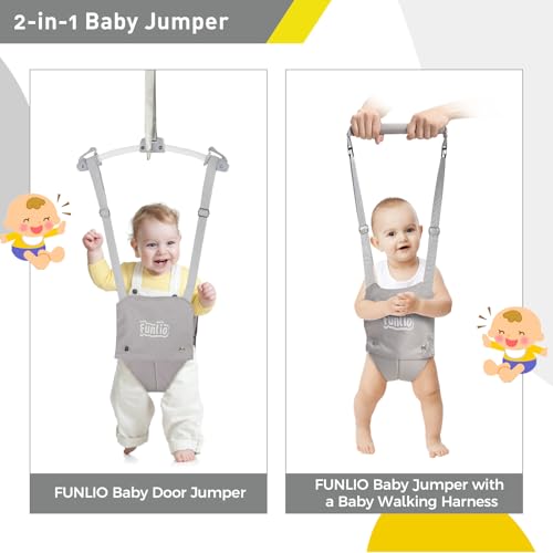 Image of FUNLIO 2 in 1 Baby Door Jumper with Door Clamp, Baby Walking Harness for 6-24 Months, Infant Jumper Doorway with Strong Spring & Adjustable Strap, Easy to Assemble & Store - Grey