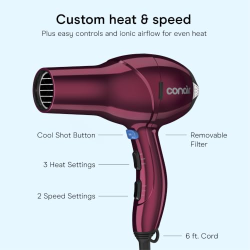 Image of Conair Hair Dryer with Diffuser, Concentrator & Round Brush, Burgundy | 1875W blow dryer for all hair types, includes 2 attachments and a round brush for added volume and defined texture