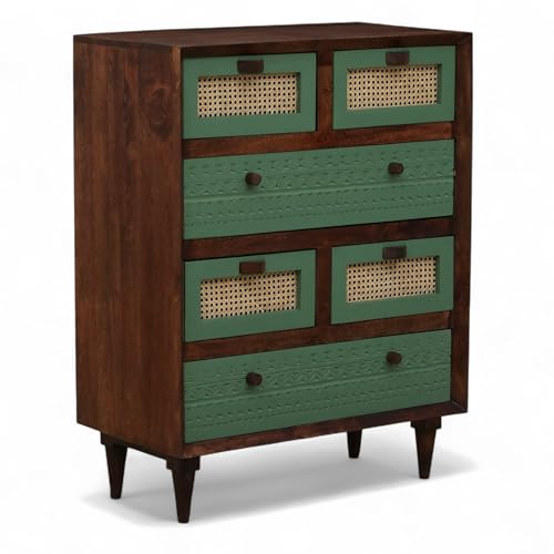 Image of Solid Wood Luffy Chest of Drawers | Chest of Drawers for Storage | 6 Drawer Dresser | Natural Cane | Finish- Olive Green and Tubaq
