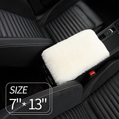 Image of IRIWOOL Sheepskin Armrest Cover Auto Center Armrest Cover Car Soft Console Pad, Fluffy Wool Auto Center Console Cover for Most Car Arm Rest Decoration Protector 7 x 13 Inch (Shearling, Ivory White)