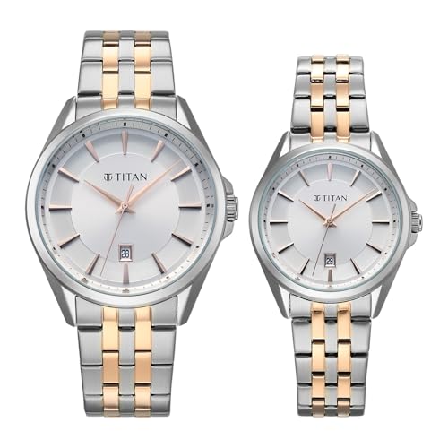 Image of Titan Modern Bandhan Pair Analog with White Dial Dual Tone Rose Gold Stainless Steel Strap Watch for Couples - 9401594215KM01