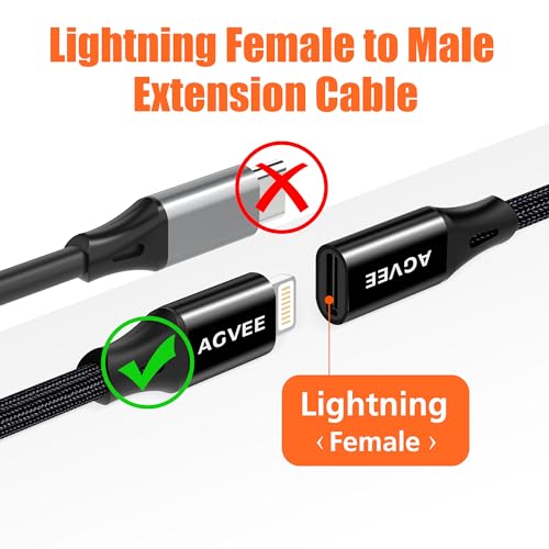 AGVEE 2 Pack 3.3ft Lightning Extension Cable, Braided Female to Male Extender Full Function Cord Compatible with iPhone iPad, Data Sync Video Audio & Charging Connector Adapter, Black
