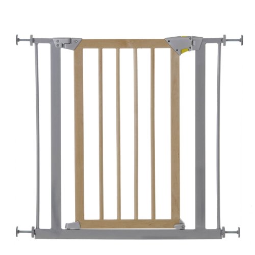 Hauck Deluxe Wood and Metal - Barrera de seguridad para puertas, 75-81 cm, fijación a presión, puerta giratoria, ajustable, con...