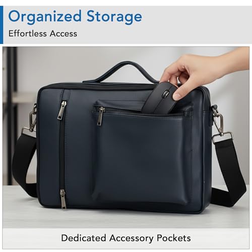 Image of OBLIQUE Navy Laptop Messenger Bag for Men & Women Stylish | 14 Inch Laptop Sleeve | Sleek Faux Leather With Adjustable Strap & Multiple Pockets | Compact Macbook & Tablet Cover | Shoulder Bag - Hawk