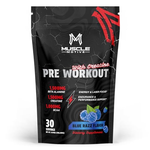 Muscle Motive Pre Workout Powder for Men – Preworkout with Creatine for Energy, Focus & Pumps – Sports Nutrition Pre-Workout Supplement – Blue Razz Flavor, 30 Servings