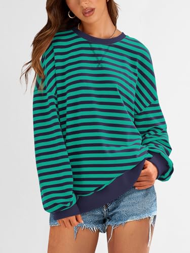 Image of PRETTYGARDEN Womens Striped Oversized Sweatshirt Color Block Crew Neck Long Sleeve Casual Loose Pullover Top Y2K Clothes