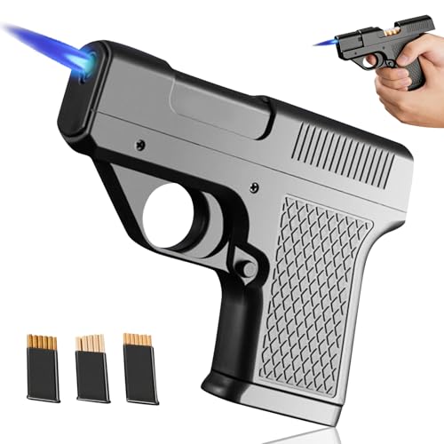 2-in-1 Zigarettenetui Pistole mit Feuerzeug, Zigaretten Pistole Box, Feuerzeuggas Nachfüllbar Butangas, Zigarettenetuihalter mit Fackelfeuerzeug für Kerzen Gasherd Camping Männergeschenk (Schwarz)