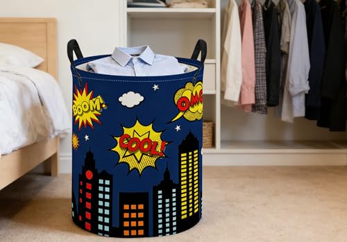 Image of ESSME Kids Laundry Basket,Spider Hamper Collapsible Canvas Waterproof Storage Bin foBoys, Cute Hamper,Gift Baskets(Blue City)