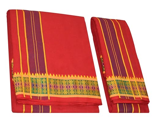 Image of TUNI MANI Men's Panchakacham Dhoti with Angavasthram with Zari Border, Cotton, Size: 9 X 5 (4.0mtr Dhoti, 2.25mtr Towel)