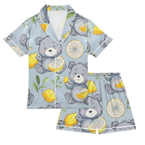 ALAZA Cartoon Bear Lemon Pajamas Satin Pajama Set Short Sleeve Button Down Sleepwear