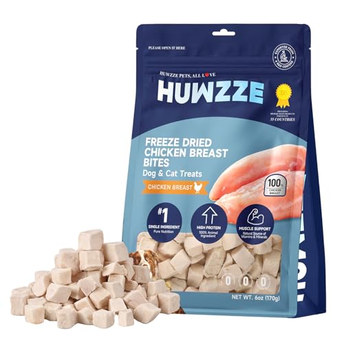 HUWZZE Freeze Dried Chicken Breast Treats for Cats & Dogs Single Ingredient High Protein Soft Training Treat All Natural Healthy Cat Snacks & Food Topper Grain Free 6 oz