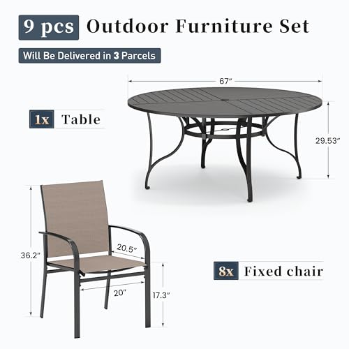 Image of SUNSHINE VALLEY 9pc Patio Dining Set, 67 inch Round Table & 8 Brown Chairs