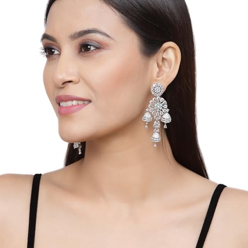 Rhodium-Plated Circular Drop Earrings with American Diamond Studs