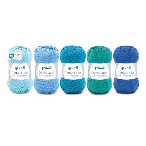 Gründl Wolle Cotton Quick uni - dünne Wolle zum Häkeln - Strickgarn - Häkelgarn - Glänzend und hautfreundlich - 100% Baumwolle - 5 Knäuel 50 g / 125 m - Nadelstärke 3-4 - Hellblau-Blau-Mix