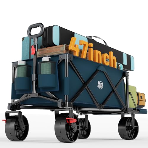 Timber Ridge 47' L Collapsible Wagon with Tailgate & Brake, 550lbs Heavy Duty Beach Wagon with All-Terrain Big Wheels, 250L Foldable Utility Cart for Sand Camping Sports Shopping, Blue