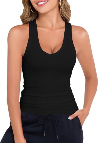 Smile Fish Women Deep V Neck Form Fitting Tank Top Sleeveless Summer Slim Cami Shirts