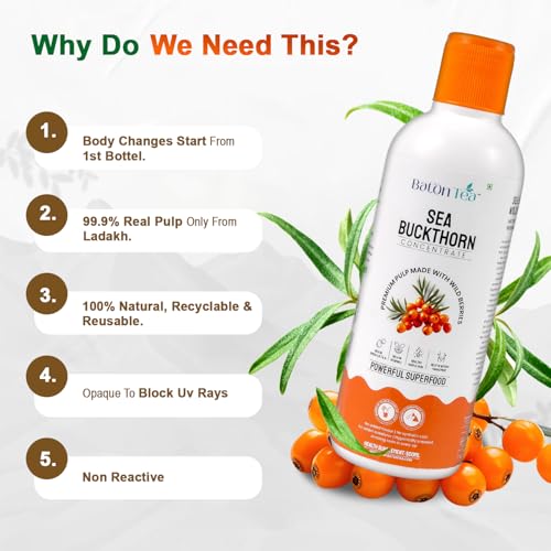 Image of Baton Himalayan Sea Buckthorn Pulp Pure Berry Concentrate, Rich in Omega 3-6-7-9 & Vitamin C, Immunity Booster, No Sugar Added, Supports Skin & Heart Health (500ml Pack 3)