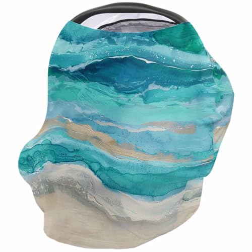 Nursing Cover for Breastfeeding Scarf, Ocean Waves Beach Gradient Abstract Turquoise Baby Car Covers Super Soft Multi Use for Canopy Shopping Cart Cover Blanket Stroller Cover