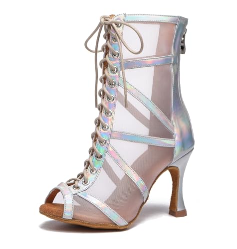 Image of Dance Practice Shoes for Women Mesh Ballroom Sandals Heels Party Prom Ankle Booties with Zip