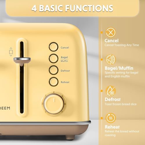 Image of BUYDEEM DT640 Retro 4 Slice Toaster, 7 Shade Settings, Extra Wide 1.5'' Slots, Stainless Steel Toaster with Bagel Muffin Defrost Reheat Function, Yellow